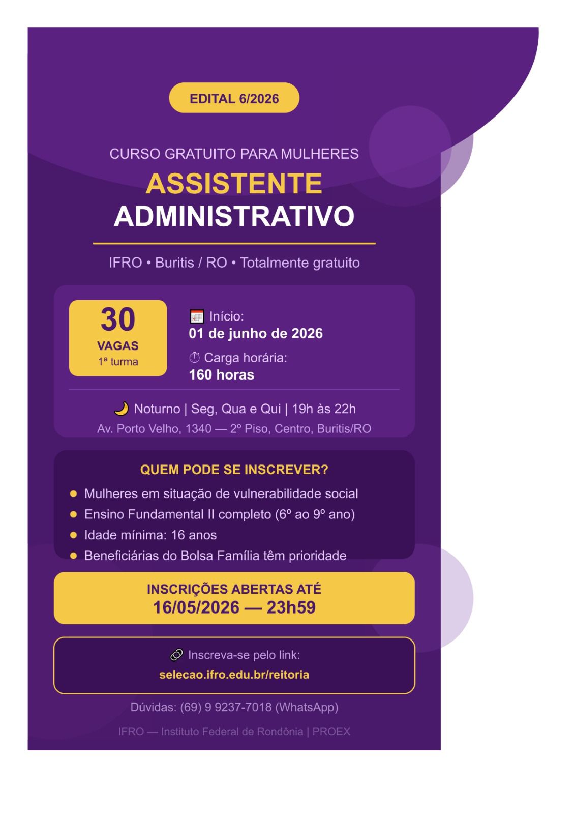 IFRO abre inscrições para curso gratuito de Assistente Administrativo voltado às mulheres de Buritis